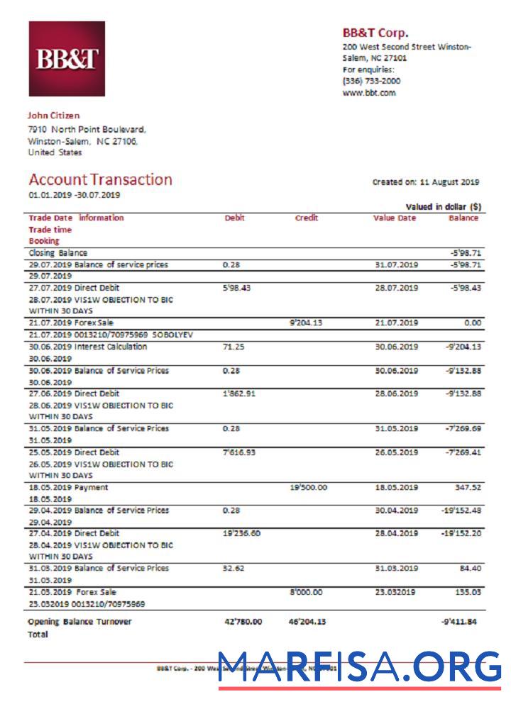 Realistic USA BB&T Corp. bank statement excel template